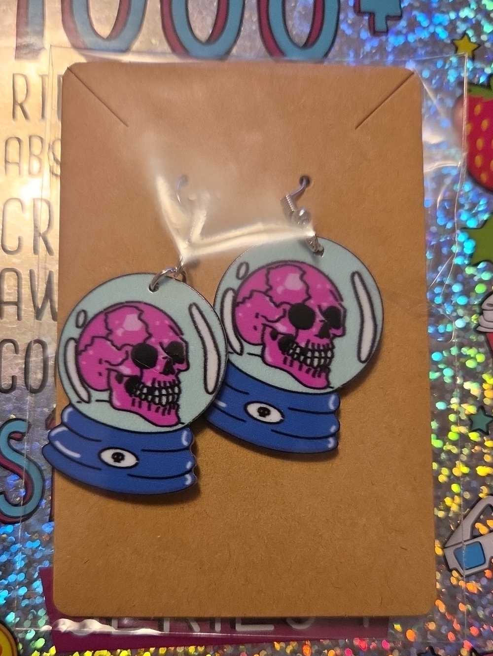 Pink Skull Space Helmet Dangle Earrings